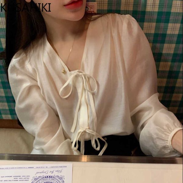 

kusahiki womens korean bow tie causal pullover blouse elegant puff sleeve v-neck elegant perspective blusas femme 6f812 210602, White