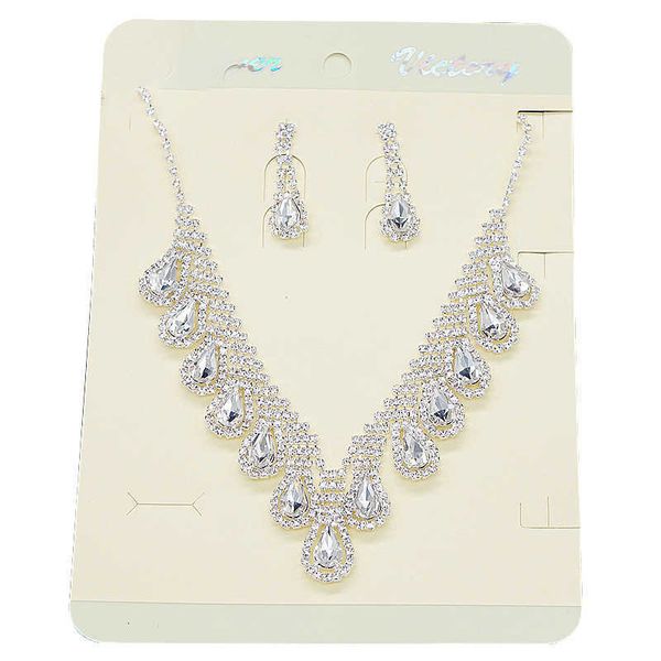 

bridal rhinestone necklace earrings two piece suit high-grade handmade wedding dress necklace accessories, Silver