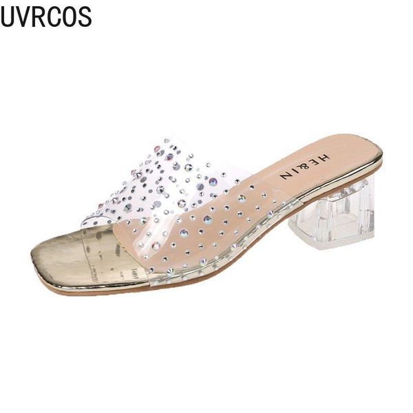 

temperament new women's slippers fashion all-match transparent vamp rhinestones embellished outdoor women's shoes, Black