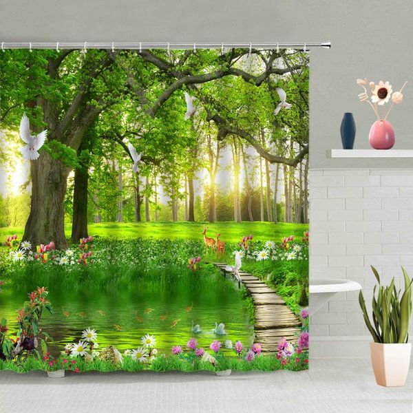 

shower curtains dream forest curtain mushroom house waterfall tree plants flowers deer bird natural scenery bathtub decor screen washable