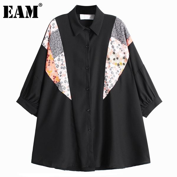 

[eam] women black big size print spliced blouse lapel three quarter sleeve loose shirt fashion spring summer 1dd7254 21512, White