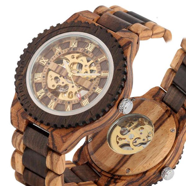 

clock men wooden automatic ancient mechanical skeleton s roman number display full natural wood tape, Slivery;brown