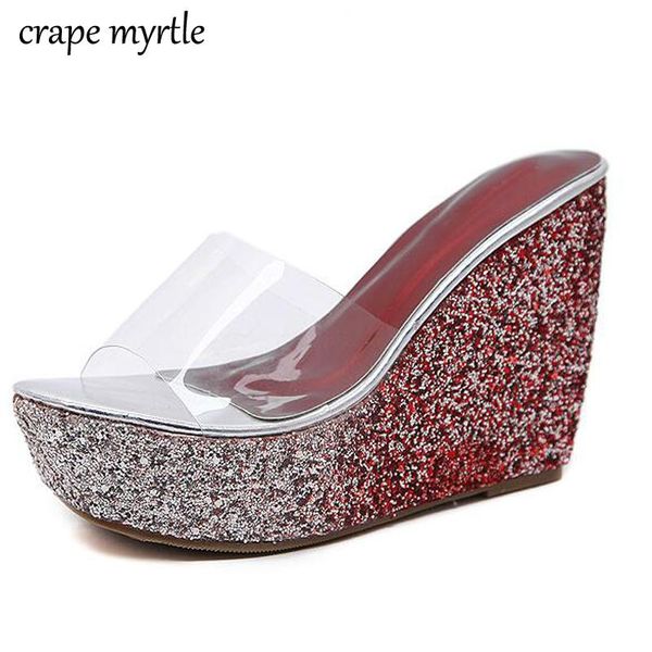 

slippers wedges flip flops beach woman shoes 2021 summer sandals transparent yma180, Black