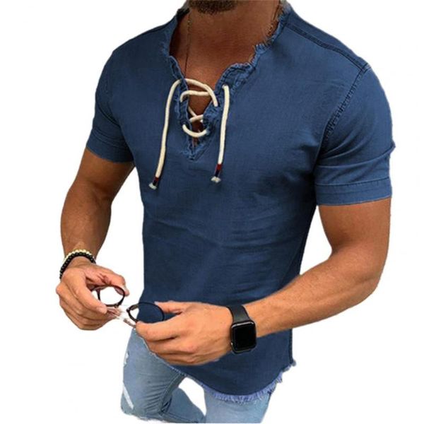 

men t-shirt v neck lace-up summer solid color short sleeve for daring men's t-shirts, White;black