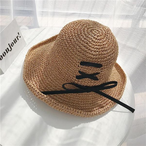 

01912-yanzi summer handmade paper grass overlapping bowknot lady beach holiday bucket cap women leisure hat wide brim hats, Blue;gray