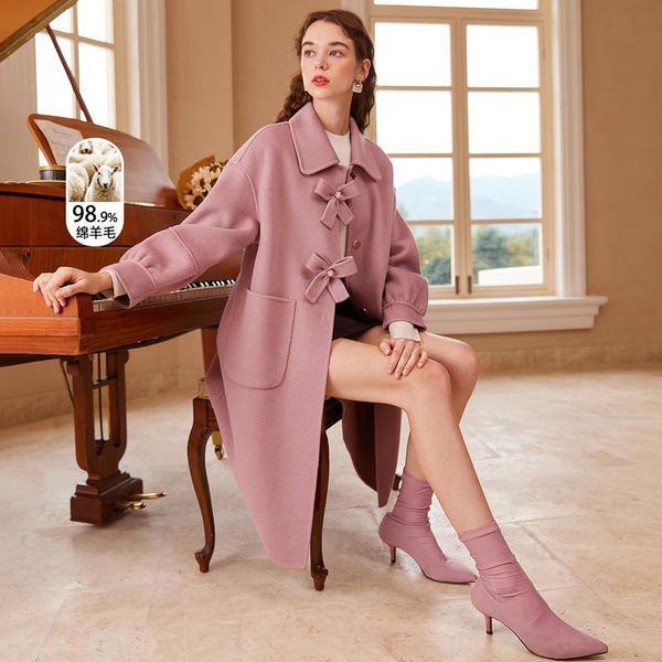 

women's wool & blends double sided tweed coat middle and long autumn winter 2021 lapel cloth pink, Black