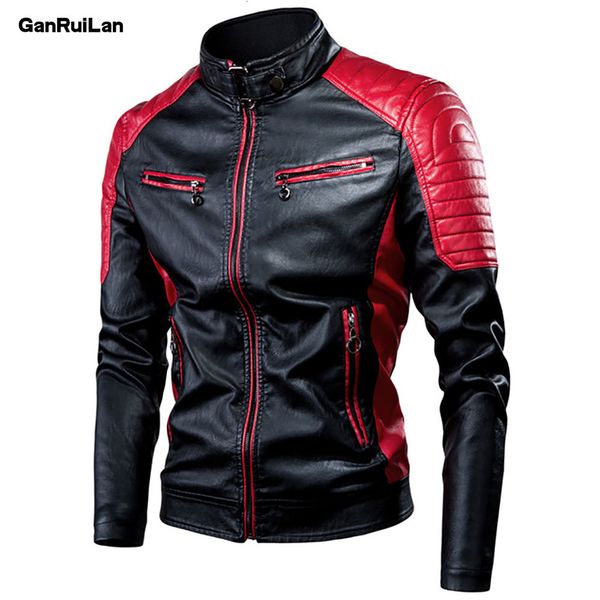 

spring men casual motor spliced fleece leather jacket men autumn fashion biker vintage warm leather jacket coat men 210518, Black