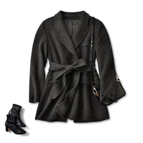 

women's wool & blends shuchan women coats and jackets winter adjustable waist double breasted coat elegant 2021high quality, Black