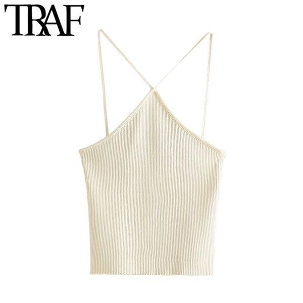 

women's tanks & camis traf women fashion hollow out cropped knit tank vintage backless thin straps female mujer, White