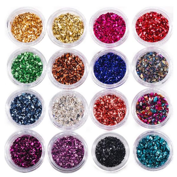 

nail glitter 16 boxes/ set art decorations crushed glass irregular metallic chip chunky multicolorfor diy craft, Silver;gold
