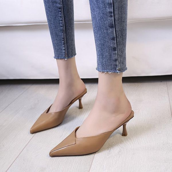 

slippers women's sandals mid-heel pointed 2021 summer korean all-match stiletto high heels women muller mules, Black