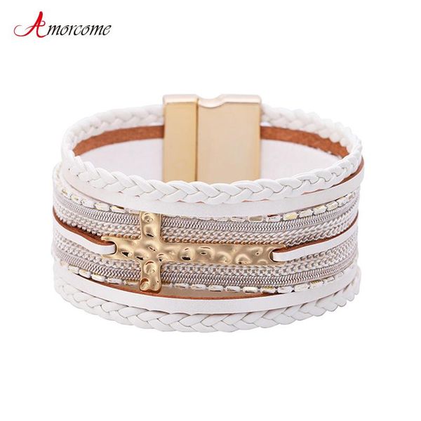 

charm bracelets amorcome classic braided pu leather women men bohemian multi-layer metal cross wrap bracelet femme gift jewelry, Golden;silver