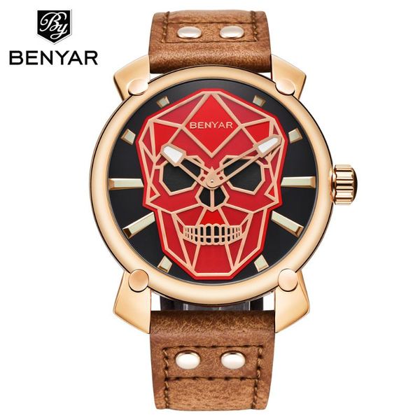 

wristwatches benyar skull men's quartz wristwatch for men watches 2021 leather sport watch waterproof clock relogio masculino, Slivery;brown
