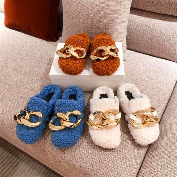

fashion lamb wool round head slippers chain drag muller men and women same style autumn winter shoes, Black