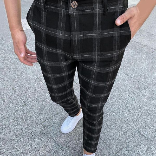 

men's pants autumn winter england plaid thick work stretch business fashion slim fit casual pant trousers, Black