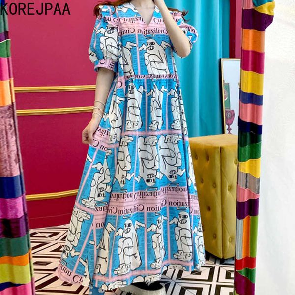 Korejpaa mulheres vestido coreano chique moda idade-reduzido v-pescoço engraçado peculiar quadrinhos graffiti solto balanço bolha manga vestido 210526