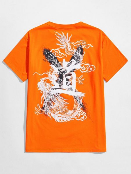 

men neon orange chinese letter & dragon print tee e94w#, White;black
