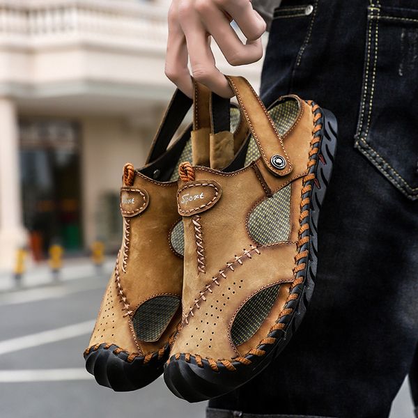 

2022 summer breathable men's slipper outdoor casual sandal leather soft-soled shoes size 39-48, Black