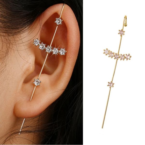 

ear wrap crawler hook earrings for women surround auricle diagonal stud copper inlaid zircon piercing earrings, Golden;silver