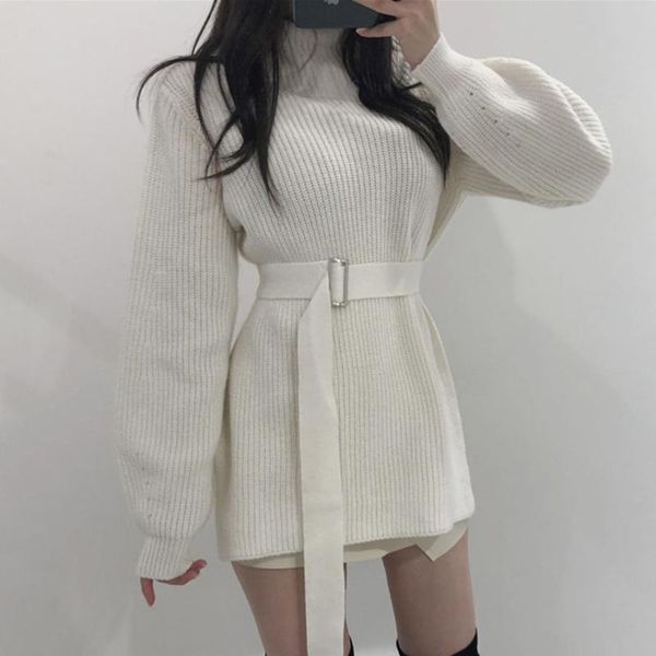 

elegant tunic belted knitted dress women autumn winter sweater fashion korean turtleneck side split pullover vestido casual dresses, Black;gray