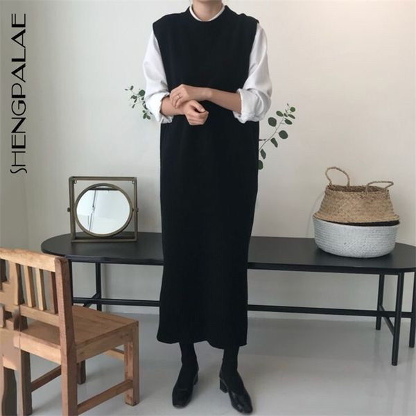 

shengpllae korean ins autumn niche round neck loose sleeveless sweater dress all-match split long vest knitted zt881 210427, Black;gray