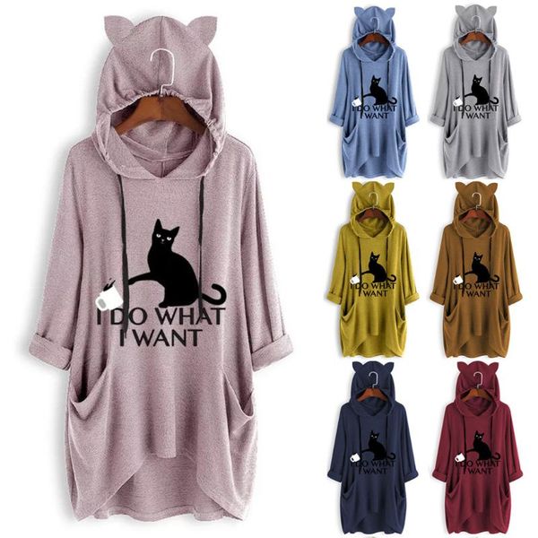 

women's hoodies & sweatshirts women casual print cat ear hooded long sleeves gothic pocket irregular sweatshirt streetwear abrigos muje, Black