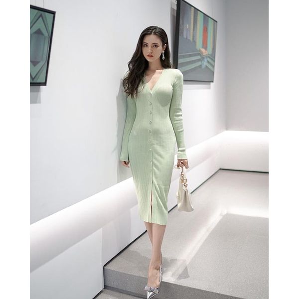

deep v-neck ribbed knit stretch slim lady goddess temperament high-end dress casual dresses, Black;gray