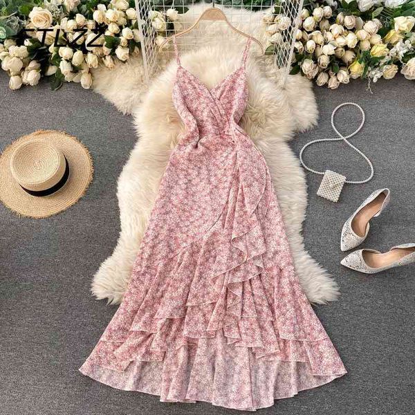 

women boho dress summer v neck vintage floral print irregular ruffles party dresses ladies beach long robe vestidos muejr 210602, Black;gray