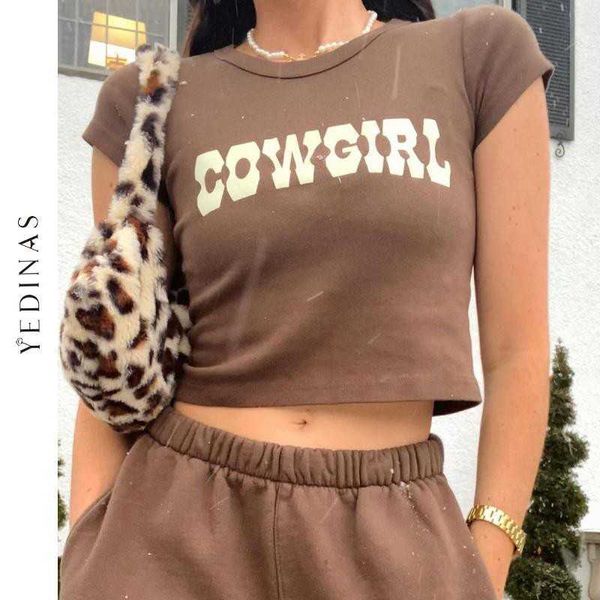 

yedinas letter print crop women summer short sleeve round neck cotton graphic tees t shirt slim streetwear t-shirt y2k 210527, White