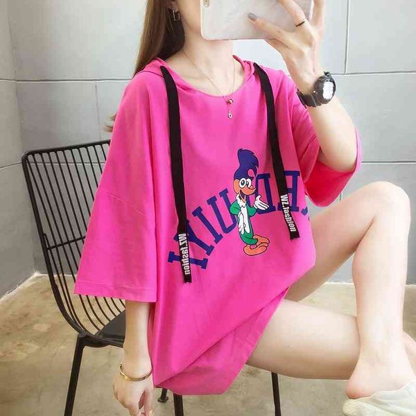 

summer new cotton hooded short t-shirt women's thin medium length sweater half sleeve hoodie large loose top, Black