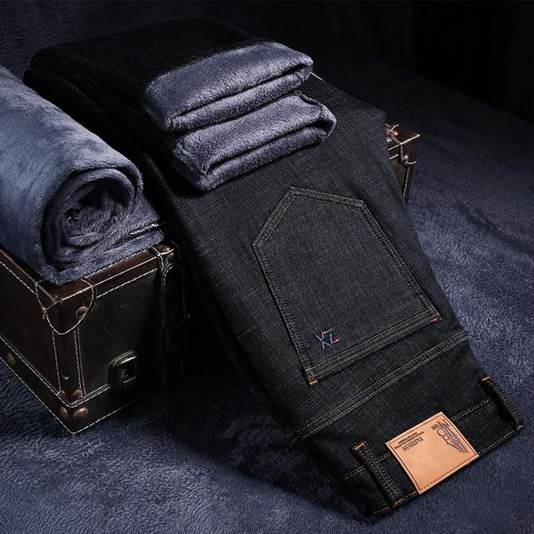 

men's jeans winter fleece men stretch-padded velvet denim trousers plus size 42 smart casual pants blue black