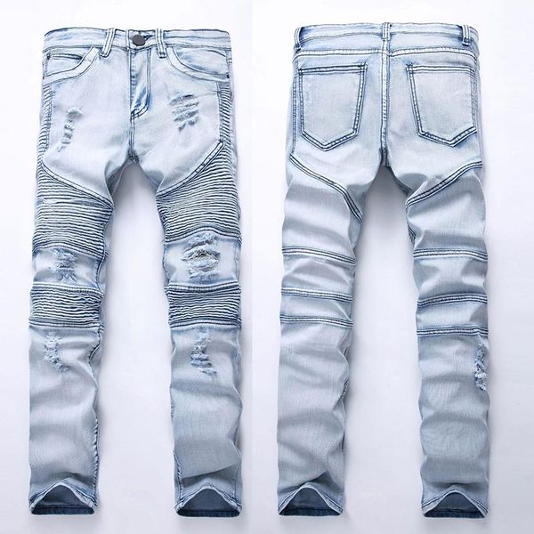 

men's jeans straight leg motorcycle ripped knee printed striped slim fit pants large size, Blue