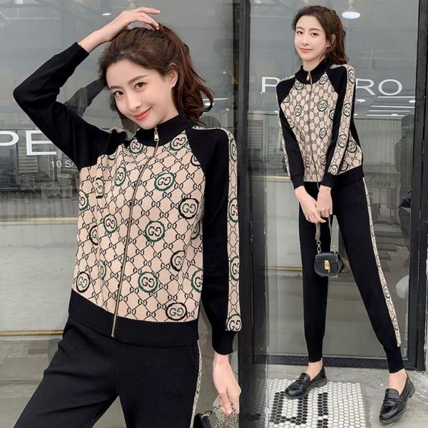

women's two piece pants spring and autumn fashion suit women's color matching casual knitting sweater set, White