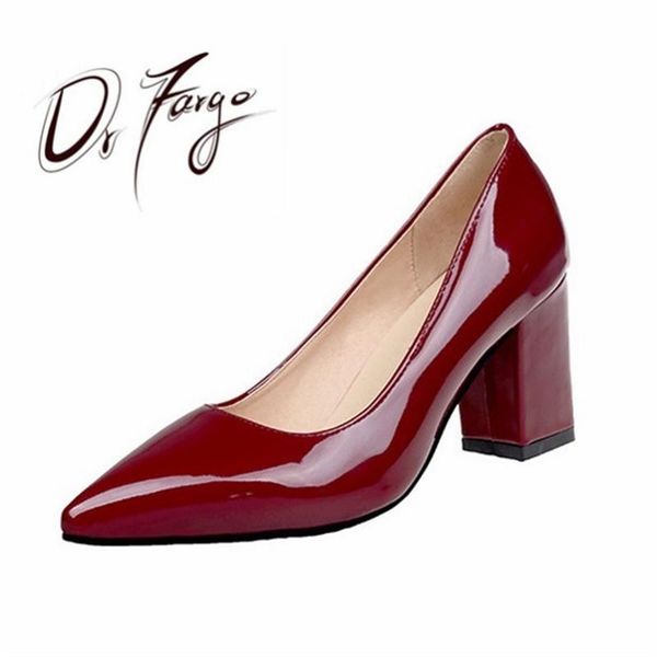 

women pumps block square high heel patent leather pointed toe comfortable shallow office ladies shoes size33-43 dress, Black