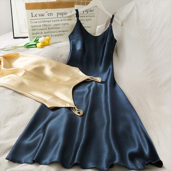 

spring summer satin womens dresses spaghetti strap party shiny sundress imitation silk sleeveless, Black;gray