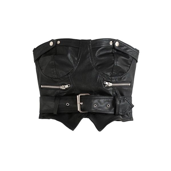 

black pu leather tube women back zipper sashes ladies cropped seamless strapless crop bra 210319