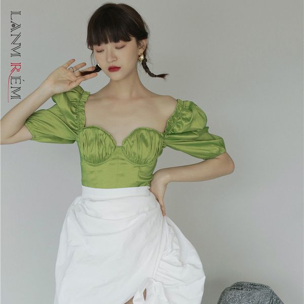 

women green pelated slim t-shirt square collar short puff sleeves sweet cute fashion trendy summer 2e1217 210507, White