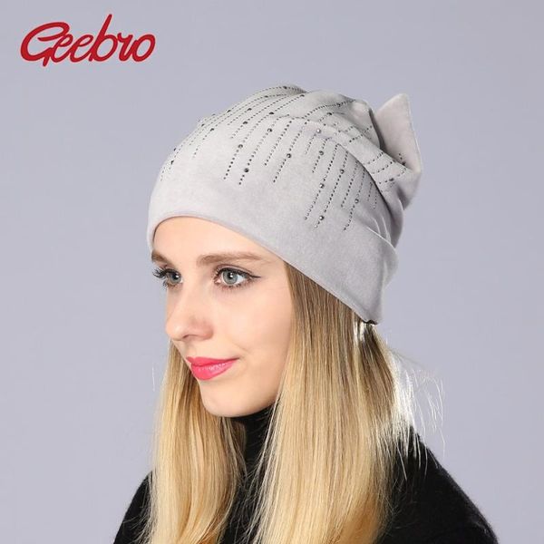 

beanie/skull caps geebro women velvet fabric winter hat fashion rhinestones pattern beanie cat ears hats for female ladies skullies beanies, Blue;gray