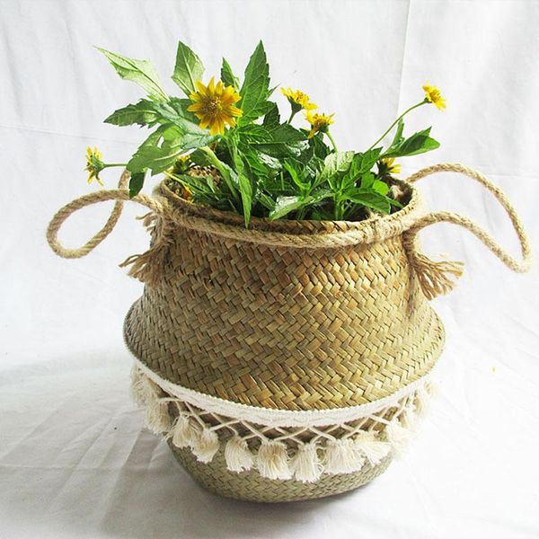 

storage baskets foldable primary color tassel seagrass nordic laundry straw wicker basket handmade flowerpot