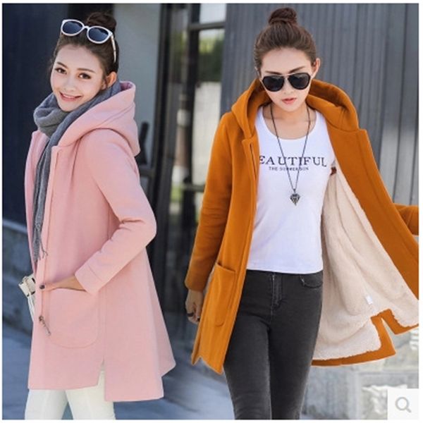 

new korean cloaks thickened plush hooded sweater in autumn and winter of 2019 women's loose medium length long sleeve cardigan, Black