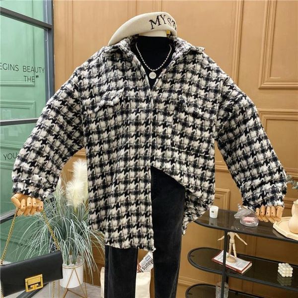 

women's polos autumn plaid shirt korean style loose thin tweed bright silk mid-length trendy fashion jacket, White