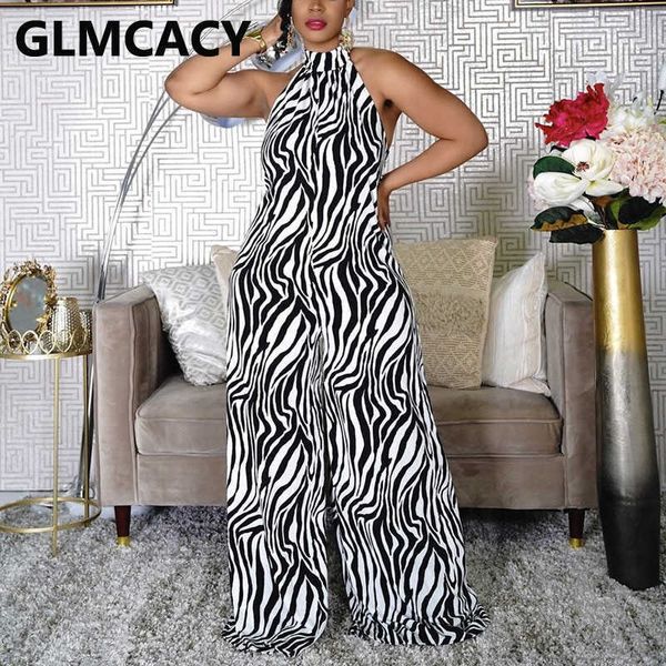 

halter backless zebra printed jumpsuit casual wide leg pants loose jumpsuit 210702, Black;white