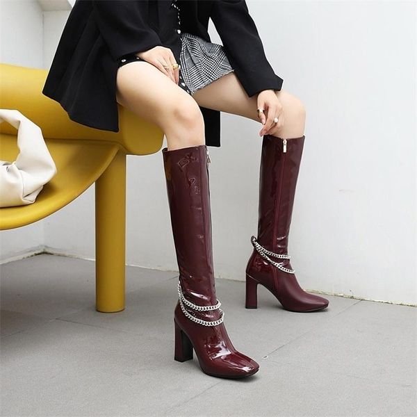 

dress shoes knee length boots high heel metal chain large size female, Black