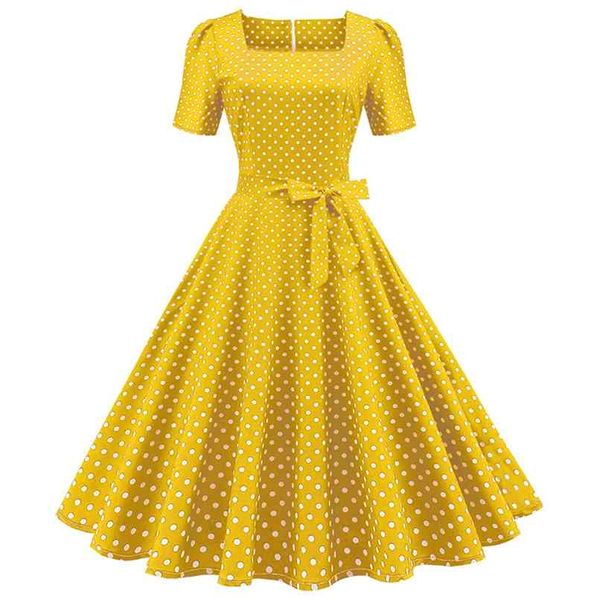 

fashion women dress style retro waist sweet square neck polka dot thin big swing summer plus size clothing for 210520, Black;gray
