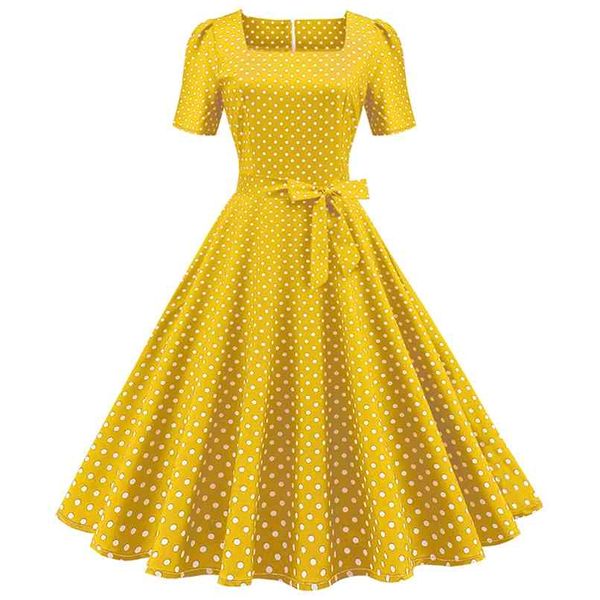 Moda Kadınlar Elbise Stil Retro Bel Tatlı Kare Boyun Polka Dot Ince Büyük Salıncak Yaz Artı Boyutu Giyim Için 210520