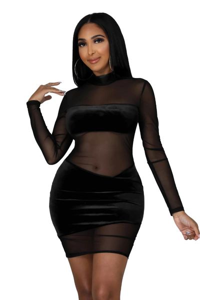 

casual dresses zoctuo autumn women sheer mesh patchwork dress short long sleeve velvet club party vestidos clothing 2022, Black;gray