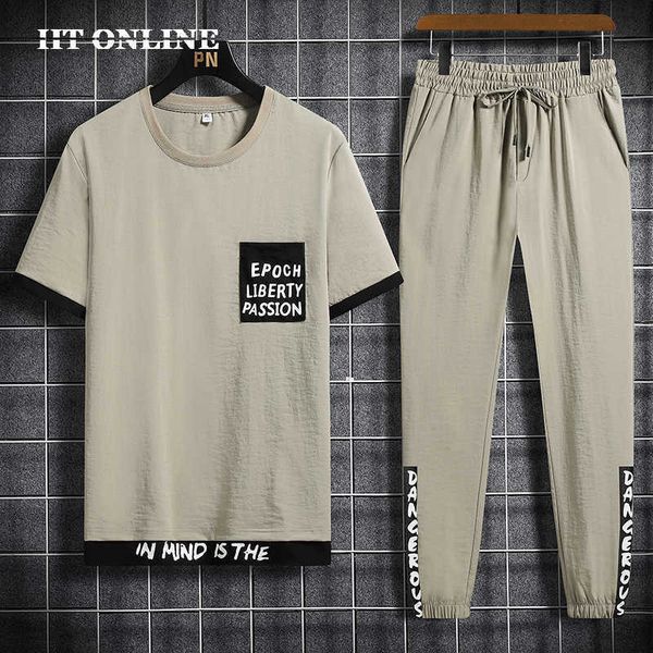 

fashion men's sets summer 2 pc sport suit harajuku men print tshirt+trousers casual sportswear fitness jogger male tracksuit 210603, Gray