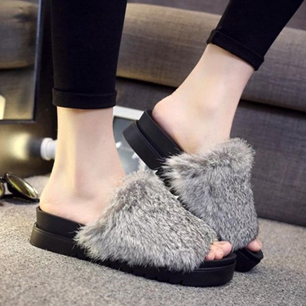 

slippers arrival women flips flops winter warm fur shoes woman fashion platform female slides flat, Black