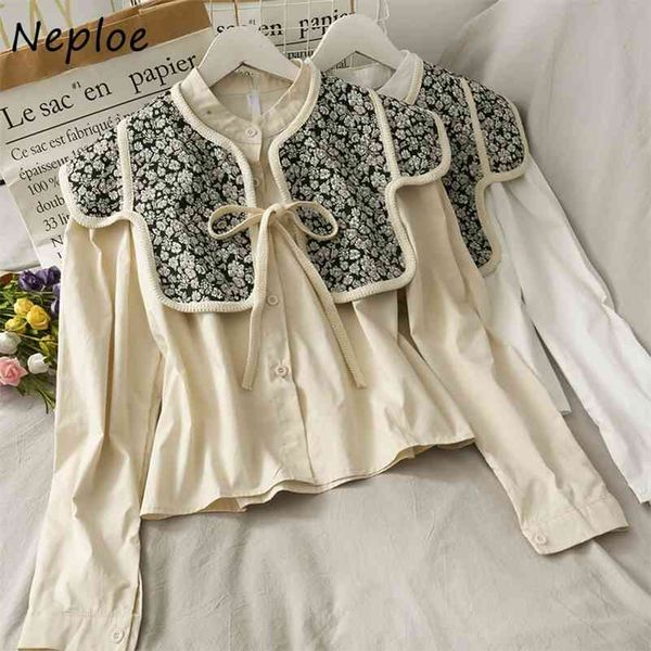 

neploe retro women 2 piece set flower embroidery drawstring all-match capes autumn stand collar women blouse suit 94588 210422, White