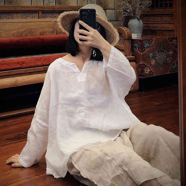 Johnature vintage branco linho v-pescoço em v camisas outono casual longo batwing luva solta blusas de cor sólida 210521